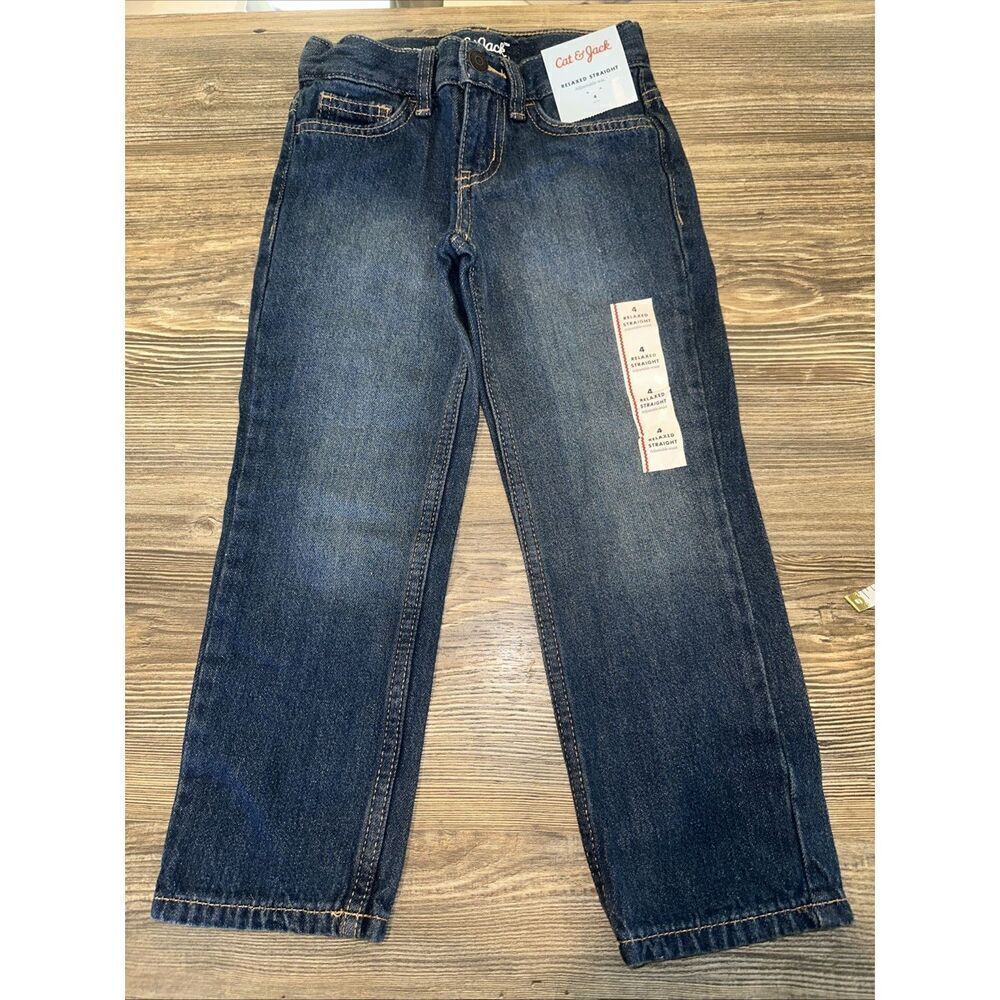 Boys' Relaxed Straight Fit Jeans - Cat & Jack Blue Size 4. Zip. NWT. Z